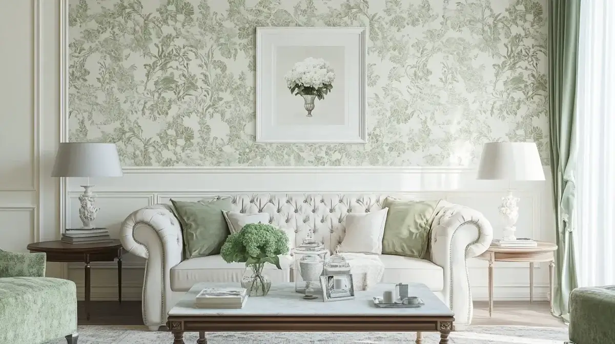 Elegant living room with patterned wallpaper