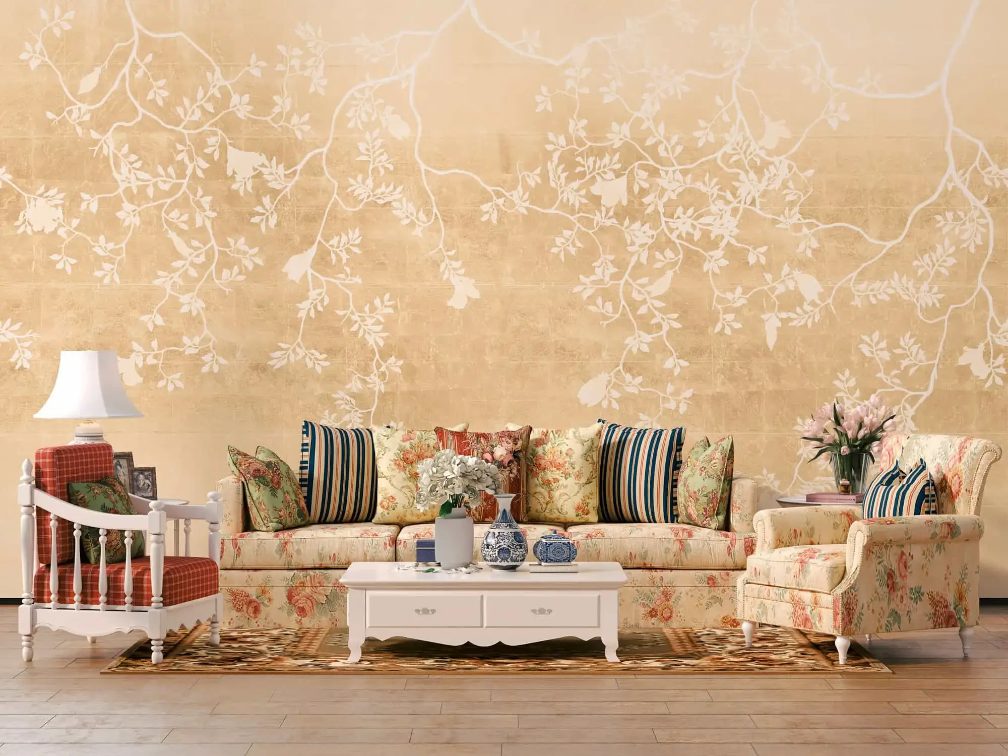 An artisan carefully smoothing wallpaper in a beautifully lit room